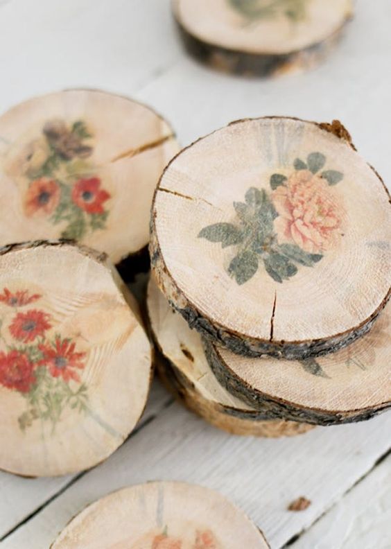 Σουβέρ ξύλινα στρογγυλά με λουλούδια